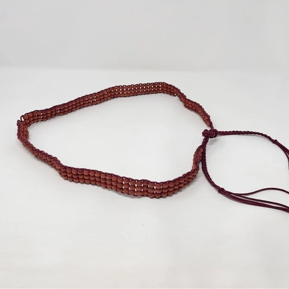 Vintage Boho, Western Wine Colored Wooden Beads Belt w/ Fringe‎